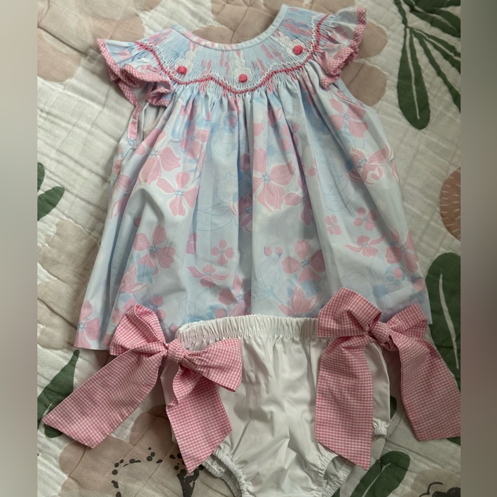 Classic Whimsy Blue Floral Bunny Smocked Bloomer Set
